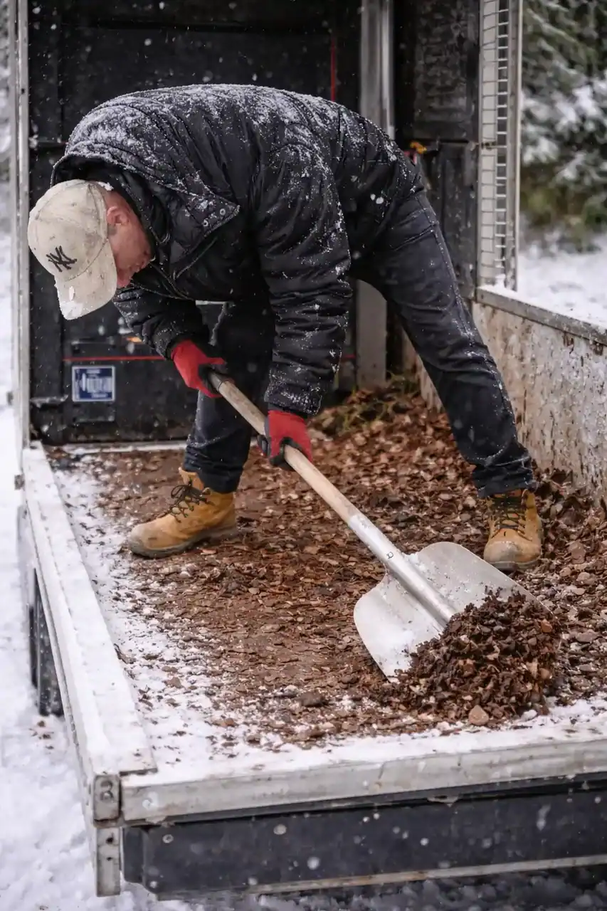 A Man Shovelling Leaf's in the Snow